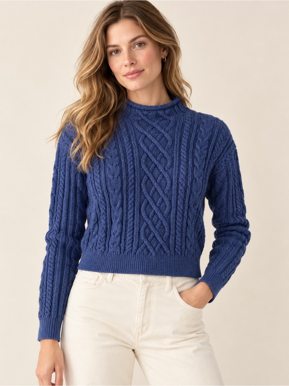 J.Crew NWOT Navy Cable Knit Mock Neck Cropped Sweater Cotton Blend XS